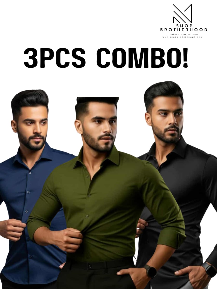 3 Pcs Formal Shirt Combo - Olive, Navy Blue, Black